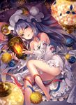  bangs bare_legs bare_shoulders barefoot blue_ribbon breasts cleavage crescent crescent_hair_ornament detached_sleeves dress hair_ornament hair_ribbon hat kedama_milk lantern long_hair looking_at_viewer lying mob_cap on_side patchouli_knowledge pillow purple_eyes red_ribbon revision ribbon small_breasts smile solo touhou very_long_hair white_dress 