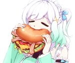  1girl burger cgator closed_eyes commentary eating english_commentary food frills gradient_hair green_hair hair_ornament hands_up highres holding holding_burger holding_food indie_virtual_youtuber maid_headdress mint_fantome multicolored_hair oversized_food oversized_object simple_background solo virtual_youtuber white_background white_hair x_hair_ornament 