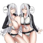  2girls absurdres ak-12_(age_of_slushies)_(girls&#039;_frontline) ak-12_(girls&#039;_frontline) bikini braid breasts cleavage closed_eyes closed_mouth french_braid girls&#039;_frontline grey_hair groin_tendon hair_ribbon highres huge_breasts jacket large_breasts long_hair long_sleeves matsu_arts multiple_girls navel official_alternate_costume ribbon sidelocks simple_background smile solo swimsuit thighs white_background white_hair 