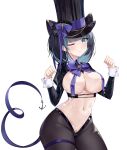  1girl ;3 absurdres ace_(playing_card) ace_of_spades anchor azur_lane black_hair black_hat blue_eyes blue_hair blush bow breast_curtains breasts card card_in_hat cheshire_(azur_lane) cheshire_(the_cat_in_the_magic_hat)_(azur_lane) chinese_commentary cleavage commentary_request cowboy_shot earrings hands_up hat hat_bow highres jack_(playing_card) jack_of_spades jewelry juliet_sleeves king_(playing_card) king_of_spades large_breasts lieend long_sleeves looking_at_viewer meme_attire multicolored_hair navel nontraditional_playboy_bunny official_alternate_costume one_eye_closed paw_pose playing_card puffy_sleeves queen_(playing_card) queen_of_spades reverse_bunnysuit reverse_outfit royal_flush see-through short_hair simple_background smile solo spade_(shape) ten_of_spades top_hat white_background 