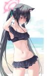  1girl animal_ears armpits bare_shoulders beach bikini black_bikini black_hair blue_archive blush breasts cat_ears collarbone extra_ears frilled_bikini frills fukai_ryosuke halo highres long_hair medium_breasts navel off-shoulder_bikini off_shoulder official_alternate_costume outdoors red_eyes revision serika_(blue_archive) serika_(swimsuit)_(blue_archive) shore solo stomach swimsuit thighs twintails 