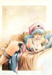  1980s_(style) 1girl absurdres ass black_bra blue_eyes blue_hair bra elbow_gloves garter_belt gloves hat highres inset_border lemon_people long_hair looking_at_viewer lying non-web_source on_stomach retro_artstyle ryuukihei smile solo thighhighs traditional_media underwear 