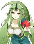  1girl apple breasts brown_eyes circlet commentary_request dragon_tail dragon_wings dress fire_emblem fire_emblem_echoes:_shadows_of_valentia fire_emblem_gaiden food fruit green_hair green_nails green_tail green_wings hair_wings holding holding_food holding_fruit horns large_breasts looking_at_viewer mila_(fire_emblem) nail_polish pointy_ears single-shoulder_dress single_horn tail very_long_fingernails wings yukia_(firstaid0) 