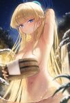  1girl absurdres arm_up armpits bathing blonde_hair blue_archive blue_eyes blue_halo blurry blush braid breasts bucket closed_mouth completely_nude covering_breasts covering_privates depth_of_field groin halo highres holding holding_bucket looking_at_viewer medium_breasts multicolored_hair nanimonine9 navel night night_sky nude onsen sky solo stomach streaked_hair toki_(blue_archive) towel wading water waterfall wet wooden_bucket 