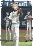  3boys absurdres backwards_hat baseball_cap baseball_mitt baseball_stadium baseball_uniform blonde_hair border closed_mouth day faceless faceless_male feet_out_of_frame green_undershirt grey_eyes hand_up hat highres ikuhana_niiro layered_sleeves long_sleeves looking_at_viewer male_focus multiple_boys narrowed_eyes one_outs outdoors pants shirt short_over_long_sleeves short_sleeves solo_focus spiked_hair sportswear standing tokuchi_toua white_border white_pants white_shirt 