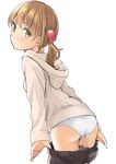  ass blonde_hair blush brown_hair closed_mouth colored_eyelashes from_behind green_eyes hair_between_eyes hair_bobbles hair_ornament head_tilt hood hoodie leaning_forward looking_at_viewer looking_back original panties pants_pull short_twintails shorts shorts_pull simple_background solo thighs twintails underwear white_background white_panties yoropa 