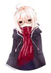  ahoge artoria_pendragon_(all) bangs black-framed_eyewear blonde_hair brown_eyes coat commentary_request duffel_coat eyebrows_visible_through_hair fate/grand_order fate_(series) fringe_trim glasses hair_between_eyes looking_at_viewer mysterious_heroine_x_(alter) nanase_nao open_clothes open_coat plaid plaid_scarf red_scarf scarf semi-rimless_eyewear sidelocks simple_background solo twitter_username under-rim_eyewear upper_body white_background 
