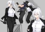  1boy 1girl assassination bleeding blood breasts briefcase business_suit death dying earpiece formal fuku_(fuku12290574) grey_hair gun highres holding holding_briefcase holding_knife jacket knife medium_breasts military open_clothes open_jacket original pants ponytail suit suitcase walking weapon white_hair 