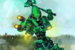  absurdres arm_cannon axe bionicle commentary cowboy_shot english_commentary forest glowing glowing_eyes highres holding holding_axe humanoid_robot kanohi_(bionicle) leaning_back lewa_(bionicle) looking_at_viewer nature robot signature sky solo superhermit the_lego_group weapon 