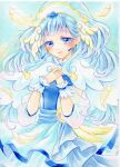 1girl absurdres amu_(m_aa) blue_dress blue_eyes blue_hair cure_ange dress eyelashes falling_feathers feathers hands_on_own_chest highres hugtto!_precure long_hair looking_at_viewer marker_(medium) precure see-through see-through_sleeves smile solo traditional_media very_long_hair winged_hat wrist_cuffs 