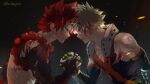  2boys bakugou_katsuki black_background blonde_hair blood blood_on_face blood_on_shoulder boku_no_hero_academia closed_mouth eye_contact gradient_background grey_background handshake highres kirishima_eijirou light_particles looking_at_another male_focus multiple_boys parted_lips red_eyes red_hair scallopojisan short_hair spiked_hair sweatdrop teeth twitter_username upper_body v-shaped_eyebrows v-shaped_eyes 