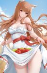  1girl animal_ear_fluff animal_ears apple bare_arms bare_shoulders bird blue_sky blush bracelet breasts brown_hair cleavage clothes_lift collarbone commentary cyicheng dress dress_lift food fruit grin holo jewelry lifting_own_clothes long_hair looking_at_viewer medium_breasts outdoors red_apple red_eyes red_ribbon ribbon skirt skirt_basket skirt_hold skirt_lift sky smile solo spice_and_wolf tail thighs white_dress wolf_ears wolf_girl wolf_tail 