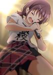  1girl black_shorts blurry blurry_background closed_eyes commentary_request cowboy_shot girls_band_cry highres holding holding_microphone iseri_nina microphone motsutoko music open_mouth plaid plaid_skirt pleated_skirt red_hair red_skirt shikai_no_sumi_kuchiru_oto shirt short_sleeves short_twintails shorts singing skirt solo twintails white_shirt 