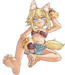  1girl alternate_hairstyle animal_ear_fluff animal_ears barefoot belt_bra blonde_hair blue_eyes breasts brown_gloves chaosexceed closed_mouth denim denim_shorts facial_mark feet fingerless_gloves full_body gloves highres light_blush liru looking_at_viewer medium_breasts medium_hair navel o-ring o-ring_top renkin_san-kyuu_magical_pokaan shorts simple_background sitting smile soles solo studded_bracelet tail tan toenails toes tongue tongue_out whisker_markings white_background wolf_ears wolf_girl wolf_tail yellow_tail 