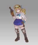  1girl blonde_hair blue_bow blue_bowtie bow bowtie commentary_request drill_hair frown full_body furrowed_brow goggles goggles_on_head gradient_background gun hand_on_own_hip hat_legs highres holding holding_gun holding_weapon knee_pads miniskirt original pleated_skirt pouch red_eyes revolver school_uniform scrunchie serious skirt solo thigh_pouch thigh_strap thighhighs two-tone_gloves weapon wrist_scrunchie 