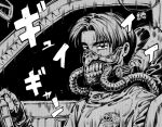  1boy bacius car_interior commentary cosplay crossover fingerless_gloves fujiwara_takumi gas_mask gloves greyscale immortan_joe immortan_joe_(cosplay) initial_d looking_at_viewer mad_max mad_max:_fury_road male_focus mask monochrome skull solo sound_effects steering_wheel upper_body 