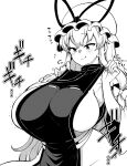  1girl :q absurdres blush breasts closed_mouth clothes_pull commentary_request hat hat_ribbon high_contrast highres himajin_noizu huge_breasts long_hair looking_at_breasts mob_cap monochrome pulling_own_clothes ribbon tabard tongue tongue_out touhou upper_body yakumo_yukari 