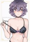 1girl artist_name bernadetta_von_varley black_bra black_panties blush bra breasts cleavage clothes_pull collarbone commentary fire_emblem fire_emblem:_three_houses grey_eyes highres looking_to_the_side medium_breasts mourderousxart navel off_shoulder open_mouth panties purple_hair short_hair simple_background solo underwear underwear_only undressing upper_body 