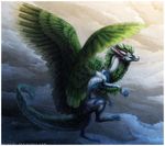  2011 ambiguous_gender claws dragon feathered_dragon feathered_wings feathers feral flying green_feathers green_hair hair horn shinerai solo wings 