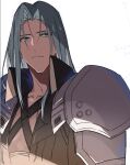  1boy armor black_coat chest_strap coat final_fantasy final_fantasy_vii green_eyes grey_hair high_collar light_frown long_bangs long_hair looking_to_the_side male_focus parted_bangs pauldrons sephiroth shoulder_armor slit_pupils solo upper_body white_background yunyunonigiri 