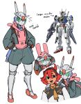  2girls animal_hood asticassia_school_uniform clothed_robot drawstring english_text green_eyes green_jacket green_shorts gundam gundam_aerial gundam_suisei_no_majo hair_between_eyes hairband hands_on_another&#039;s_shoulders highres hood hoodie humanoid_robot jacket joints layered_clothes mecha mobile_suit multiple_girls multiple_views no_mouth open_clothes open_jacket peco2057 pink_hoodie rabbit_hood red_hair reference_inset robot robot_girl robot_joints school_uniform short_hair shorts siblings simple_background sisters sketch suletta_mercury white_background 