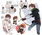  ... 2girls 3boys arrow_(projectile) ashuiashui119 barefoot beard blonde_hair bow_(weapon) brown_gloves brown_hair chest_hair chibi chilchuck_tims crossed_arms dungeon_meshi facial_hair fingerless_gloves gloves heart highres holding hood hood_down izutsumi laios_touden long_sleeves male_focus marcille_donato multiple_boys multiple_girls multiple_views naked_towel nude pants pouch senshi_(dungeon_meshi) sitting spoken_ellipsis tongue towel towel_around_waist translation_request weapon 