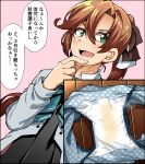  1girl absurdres akigumo_(kancolle) akigumo_kai_ni_(kancolle) black_dress blue_bow blue_bowtie blue_panties bow bowtie brown_hair dress green_eyes grey_jacket hair_ribbon highres jacket kaauchi kantai_collection long_hair mole mole_under_eye open_mouth panties polka_dot polka_dot_panties ribbon simple_background solo stained_panties stray_pubic_hair translation_request underwear unworn_panties 