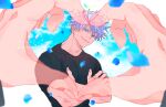  2boys absurdres black_shirt blue_background blue_eyes blurry closed_mouth crossed_arms dated depth_of_field fushiguro_megumi gojou_satoru head_out_of_frame heart heart_hands highres jujutsu_kaisen looking_at_viewer male_focus multiple_boys muscular muscular_male petals scallopojisan shirt short_sleeves smile twitter_username two-tone_background upper_body white_background white_hair yaoi 