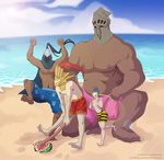  1girl 3boys armpit artorias_the_abysswalker baseball_bat beach blindfold blonde_hair breasts dark_souls dragon_slayer_ornstein from_software hawkeye_gough helmet lord&#039;s_blade_ciaran male_swim_wear multiple_boys size_difference souls_(from_software) swim_wear watermelon 