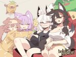  5girls absurdres alternate_costume animal_ear_fluff animal_ears black_tank_top breasts brown_hair cat_ears cat_girl cat_tail cleavage cocomayo29_(tomato) copyright_name dog_ears dog_girl dog_tail fox_ears fox_girl fox_tail highres hololive hololive_gamers hug indoors inugami_korone korean_commentary large_breasts looking_at_another looking_at_breasts multiple_girls nekomata_okayu off-shoulder_shirt off_shoulder ookami_mio pajamas shirakami_fubuki shiranui_flare shirt sleeping tail tank_top virtual_youtuber wolf_ears wolf_girl wolf_tail 
