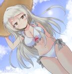  1girl bikini blush breasts brown_eyes cloud cloudy_sky conte_di_cavour_(kancolle) day dutch_angle frills grey_hair hat highres kantai_collection large_breasts long_hair navel shizuna_kaede sky solo straw_hat swimsuit two_side_up white_bikini 