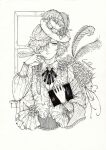  1boy bishounen black_ribbon blonde_hair book bouquet character_name cropped_torso curly_hair english_text eyelashes flower gilbert_cocteau hair_over_one_eye hat hat_feather hat_flower highres holding holding_book holding_quill jewelry kaze_to_ki_no_uta looking_to_the_side male_focus monochrome print_vest puffy_sleeves qinyuan224 quill ribbon ring traditional_media vest 