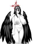  1girl absurdres ao_banana blue_archive blush breasts completely_nude cowboy_shot curvy feathered_wings greyscale hair_between_eyes halo hand_on_own_chest hasumi_(blue_archive) highres huge_breasts large_areolae large_wings long_hair looking_at_viewer low_wings monochrome navel nipples nude red_eyes simple_background standing thick_thighs thighs wings 