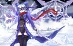  1girl aged_up amatou3 archer_(fate) archer_(fate)_(cosplay) ass_visible_through_thighs blue_bow blue_eyes blue_hair bow breasts cirno cirno-nee cosplay crystal_sword dual_wielding fairy fairy_wings frozen gears gloves hair_bow holding ice ice_wings igote leotard looking_at_viewer red_scarf scarf small_breasts snowflakes solo sword thighhighs touhou unlimited_blade_works_(fate) waist_cape weapon wings 
