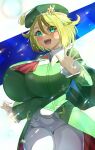  1girl :d aged_up ascot beret bianca_(champion)_(pokemon) bianca_(pokemon) blonde_hair blush breasts cape coat coattails commentary_request cowboy_shot green_cape green_coat green_eyes green_hat hair_between_eyes hair_flaps hand_up hat hat_tassel highres hizakake huge_breasts long_sleeves looking_at_viewer no_eyewear official_alternate_costume open_hand open_mouth pants pokemon pokemon_bw2 pokemon_masters_ex red_ascot short_hair sidelocks smile solo standing teeth thigh_gap tight_clothes tight_pants upper_teeth_only white_pants 