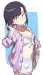  1girl absurdres bag bikini bikini_skirt black_hair blush breasts cleavage closed_mouth do_it_yourself!! gazacy_(dai) hand_in_own_hair highres jacket long_sleeves looking_at_viewer medium_breasts multicolored_hair open_clothes open_jacket pink_jacket purple_hair red_eyes short_hair simple_background solo suride_miku swimsuit two-tone_background white_bikini 