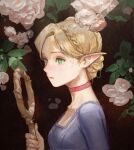 1girl and_dumb516 blonde_hair braid breasts brown_background choker corrupted_twitter_file dappled_sunlight dungeon_meshi elf flower green_eyes highres holding holding_staff korean_commentary long_hair looking_ahead marcille_donato parted_bangs pointy_ears solo sprout staff sunlight updo upper_body 
