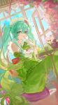  1girl absurdres animal apron aqua_hair blue_sky blush bow bubble cherry_blossoms cup day detached_sleeves dress eyelashes falling_petals fingernails flower frills gradient_hair green_dress green_eyes green_hair green_nails green_sleeves hair_ornament hand_on_own_face hatsune_miku highres iinagi_(kashiwa_keira) indoors knee_up long_hair looking_at_viewer maid maid_headdress multicolored_hair nail_polish open_mouth open_window petals pink_flower pink_petals rabbit red_bow red_ribbon ribbon sitting sky solo stuffed_animal stuffed_rabbit stuffed_toy table teapot tongue tree twintails two-tone_hair vocaloid wide_sleeves window 