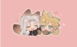 2boys @_@ animal_ears animal_hands armor black_gloves blonde_hair blue_eyes blush_stickers chibi closed_eyes cloud_strife couple covering_own_mouth crisis_core_final_fantasy_vii cropped_shoulders cropped_torso dog_boy dog_ears dog_tail fang final_fantasy final_fantasy_vii fox_boy fox_ears fox_tail gloves green_scarf grey_hair hand_over_own_mouth happy heart holding_hands long_bangs long_hair long_sleeves male_focus maomaoyu multiple_boys open_mouth parted_bangs pauldrons pink_background scarf sephiroth short_hair shoulder_armor smile sparkle spiked_hair tail tail_wagging upper_body yaoi 