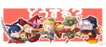  2boys 3girls absurdres armor armored_boots arrow_(projectile) bell black_robe blonde_hair blue_eyes blue_hair boots bow bow_(weapon) breastplate brown_gloves bushidou_(sekaiju) bushidou_2_(sekaiju) chain chibi crown curse_maker doctor_magus doctor_magus_4 dress elbow_gloves feathers flat_cap gloves goggles goggles_on_headwear green_hat grey_hair hair_between_eyes hakama hat hat_bow hat_feather highres holding holding_arrow holding_bell holding_bow_(weapon) holding_staff holding_sword holding_weapon hood hood_up hooded_robe japanese_clothes long_sleeves mini_crown multiple_boys multiple_girls nikki_kyousuke paladin_(sekaiju) parted_bangs pink_bow ponytail ranger_(sekaiju) ranger_1_(sekaiju) red_background red_dress red_eyes red_hakama red_hat robe sarashi sekaiju_no_meikyuu shield signature staff sword tilted_headwear translation_request two-tone_background weapon white_background white_feathers wide_sleeves witch_hat |_| 