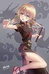  :o alternate_costume bangs blonde_hair blue_eyes chinese_clothes commentary_request dragon eyebrows_visible_through_hair fighting_stance hair_ornament kantai_collection leg_up morigami_(morigami_no_yashiro) no_hat no_headwear nunchaku open_mouth prinz_eugen_(kantai_collection) short_sleeves side_ponytail side_slit solo twintails twitter_username weapon 