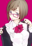  animal_ears bow bowtie breasts brown_hair cat_ears closed_mouth commentary_request eyebrows_visible_through_hair fake_animal_ears glasses green_eyes idolmaster idolmaster_cinderella_girls jacket maekawa_miku medium_breasts mouth_hold nilitsu purple_background red-framed_eyewear red_bow red_neckwear school_uniform shirt short_hair simple_background solo undressing upper_body white_shirt 