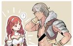  1girl ? abs atlas_(fire_emblem) bare_shoulders blush breastplate breasts brown_background cape celica_(fire_emblem) cleavage fire_emblem fire_emblem_echoes:_mou_hitori_no_eiyuuou fur_trim grey_hair hairband jewelry medium_breasts necklace open_mouth red_eyes red_hair rnolriko shirtless simple_background toned toned_male upper_body 