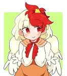  1girl animal animal_on_head bird bird_on_head bird_wings blonde_hair blush chick closed_mouth dress feathered_wings ini_(inunabe00) looking_at_viewer multicolored_hair niwatari_kutaka on_head orange_dress red_eyes red_hair shirt short_hair short_sleeves smile solo touhou two-tone_hair upper_body white_shirt wings yellow_wings 