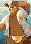  absurd_res animal_crossing anthro beach belly biped brown_body brown_fur bulge canid canine clothed clothing detailed_bulge digital_media_(artwork) fur hi_res male male_anthro mammal nintendo overweight raccoon_dog simple_background solo tail tanuki thiagoefrancesco tom_nook_(animal_crossing) topwear 