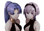  assassin_(fate/zero) bare_shoulders black_hairband blue_eyes blue_hair breasts cleavage commentary dark_skin earrings eiri_(eirri) fate/prototype fate/prototype:_fragments_of_blue_and_silver fate/zero fate_(series) female_assassin_(fate/zero) hair_between_eyes hair_over_one_eye hairband hassan_of_serenity_(fate) high_ponytail jewelry long_hair looking_at_viewer lowres medium_breasts multiple_girls ponytail purple_eyes purple_hair revealing_clothes short_hair upper_body 