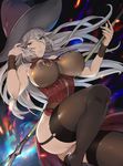  adjusting_hair bare_shoulders black_legwear breasts brown_eyes closed_mouth commentary_request covered_nipples dress eyebrows_visible_through_hair garter_straps granblue_fantasy hair_between_eyes hat holding large_breasts leg_up long_hair magisa_(granblue_fantasy) mikurou_(nayuta) no_panties ribbed_dress side_slit sideboob silver_hair smile solo staff thighhighs thighs witch_hat 