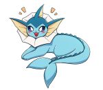  animal_focus blush bright_pupils commentary_request fangs fins full_body happy head_fins highres no_humans pokemon pokemon_(creature) purple_eyes simple_background smile solo spikes tigerlover2625 tongue vaporeon white_background white_pupils 