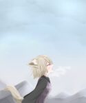  1girl animal_ears blonde_hair closed_eyes commentary_request hair_between_eyes highres medium_hair mitarashi_dayo mountain open_mouth screaming snowing steam sweater tail urotsuki wolf_ears wolf_tail yume_2kki 