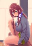  1girl bare_legs blue_cardigan blue_eyes blush breasts brown_hair cardigan closed_mouth commentary_request couch go-toubun_no_hanayome green_skirt hair_between_eyes headphones headphones_around_neck large_breasts leg_up long_hair looking_at_viewer nakano_miku pleated_skirt shirt sitting skirt smile solo thighs tile_floor tiles tono_munekage white_shirt 